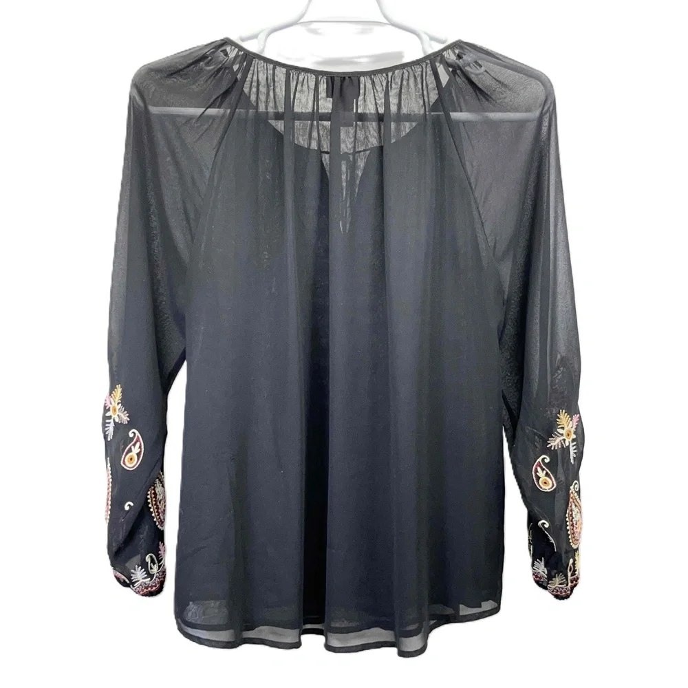 V Cristina Black‎ Sheer Paisley Embroidered Tunic Long Sleeve Top Womens XL - Picture 2 of 11